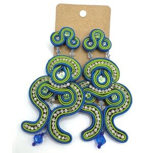 Soutache Green & Blue Rhinestone Earrings